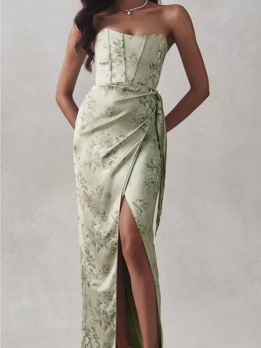 V. CHAPMAN JUNE TEA GREEN FLORAL GOWN